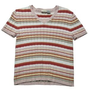 Vintage Cherokee Y2K Sweater M Pink Ribbed Striped‎ Fitted Short Sleeve Preppy